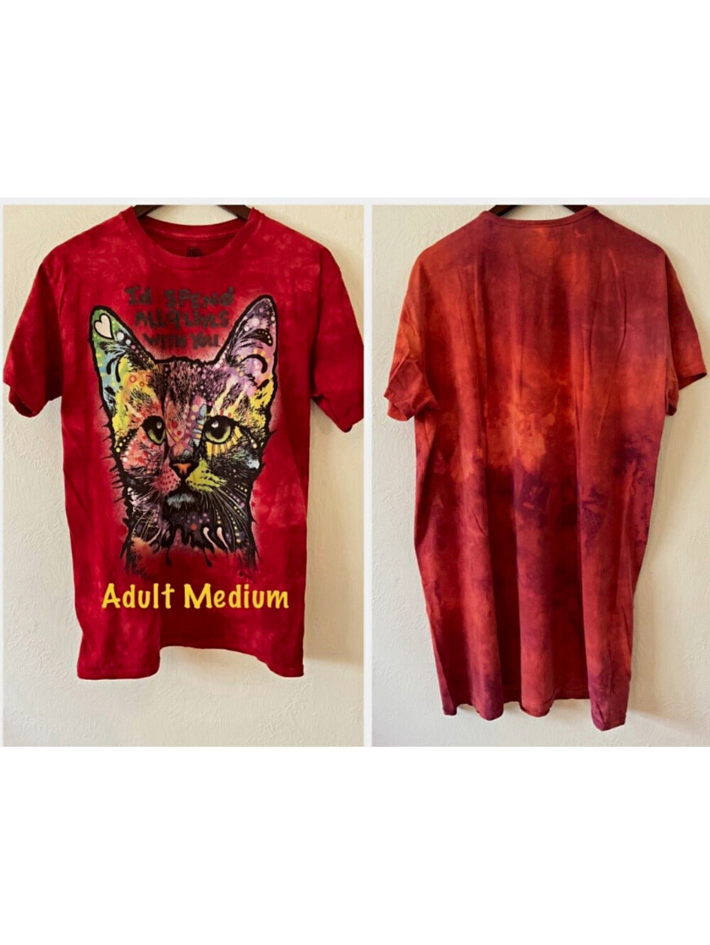 Red Tie-Dye Cat Graphic Print T-Shirt Unisex Adults M Crew Neck Short Sleeve